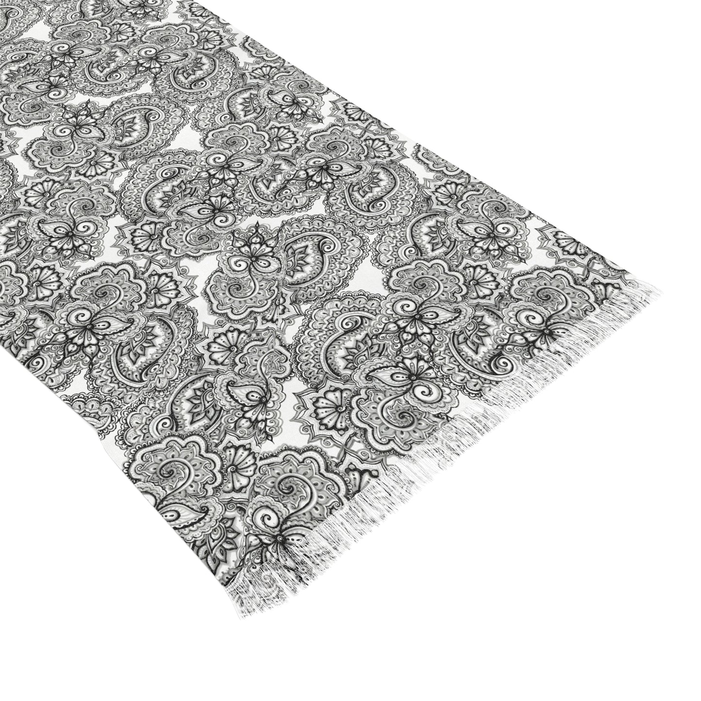 Scarf with 08 2023 Black on White Paisley Pattern