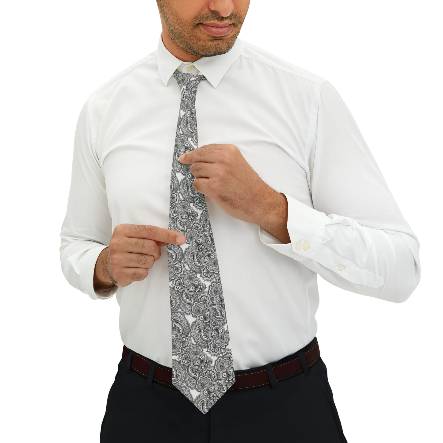 Necktie with 082023 black on white Paisley Pattern