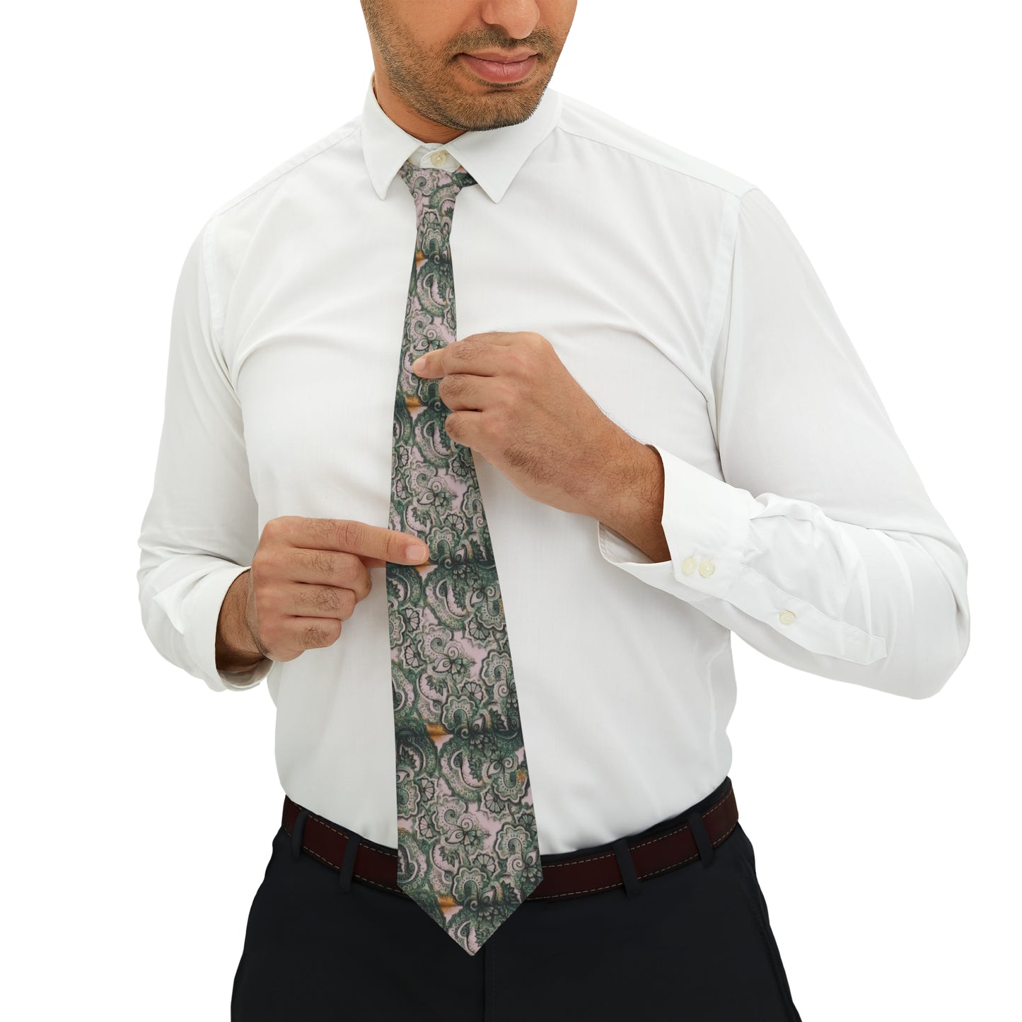 Necktie 08 2023 Green on White Paisley Pattern