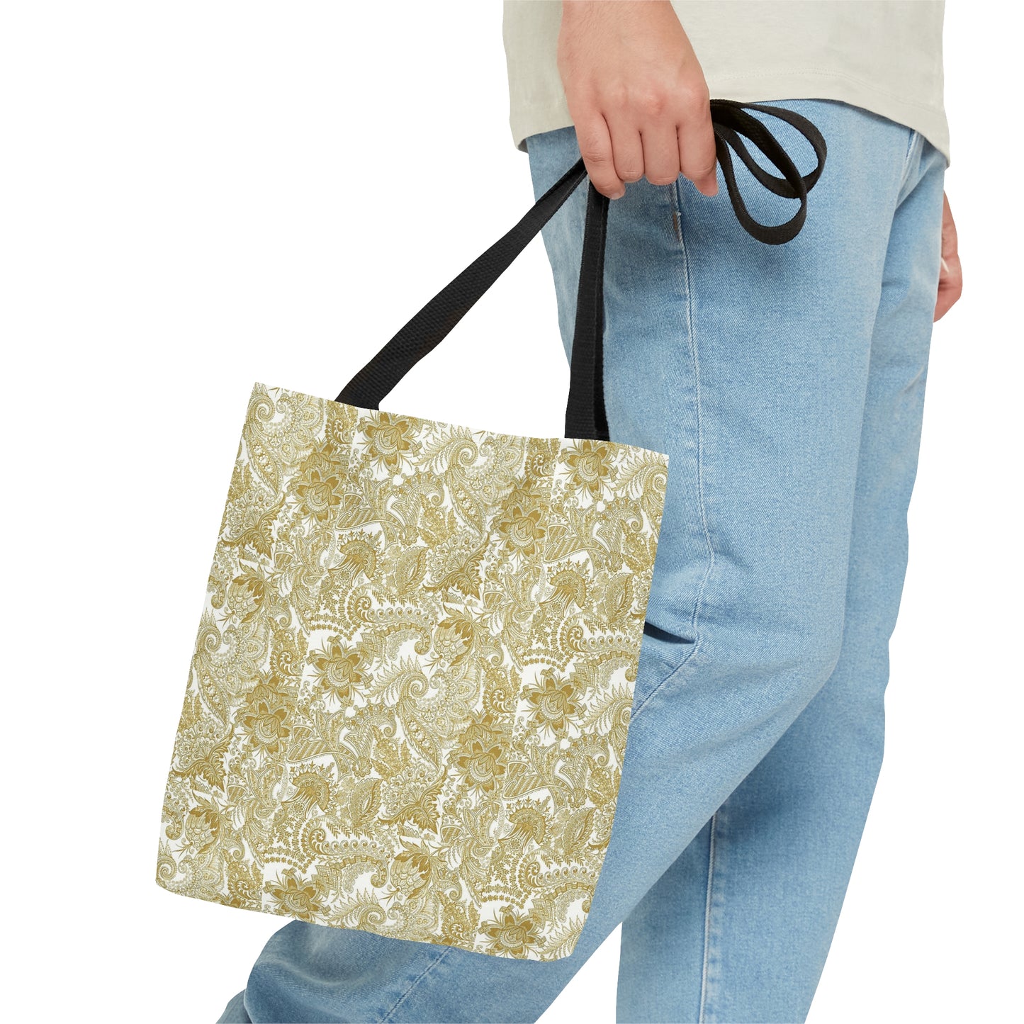 Tote Bag. Gold on White Paisley.  Pattern 9