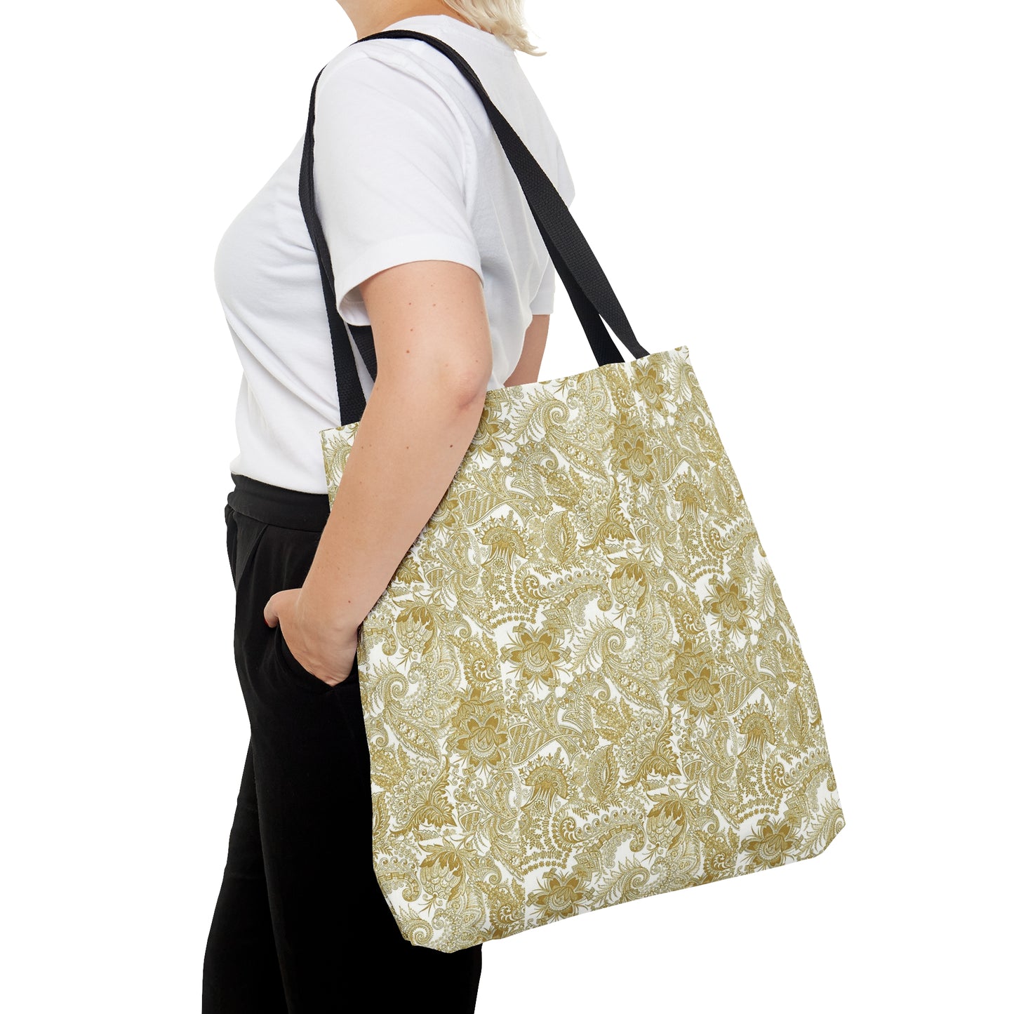 Tote Bag. Gold on White Paisley.  Pattern 9