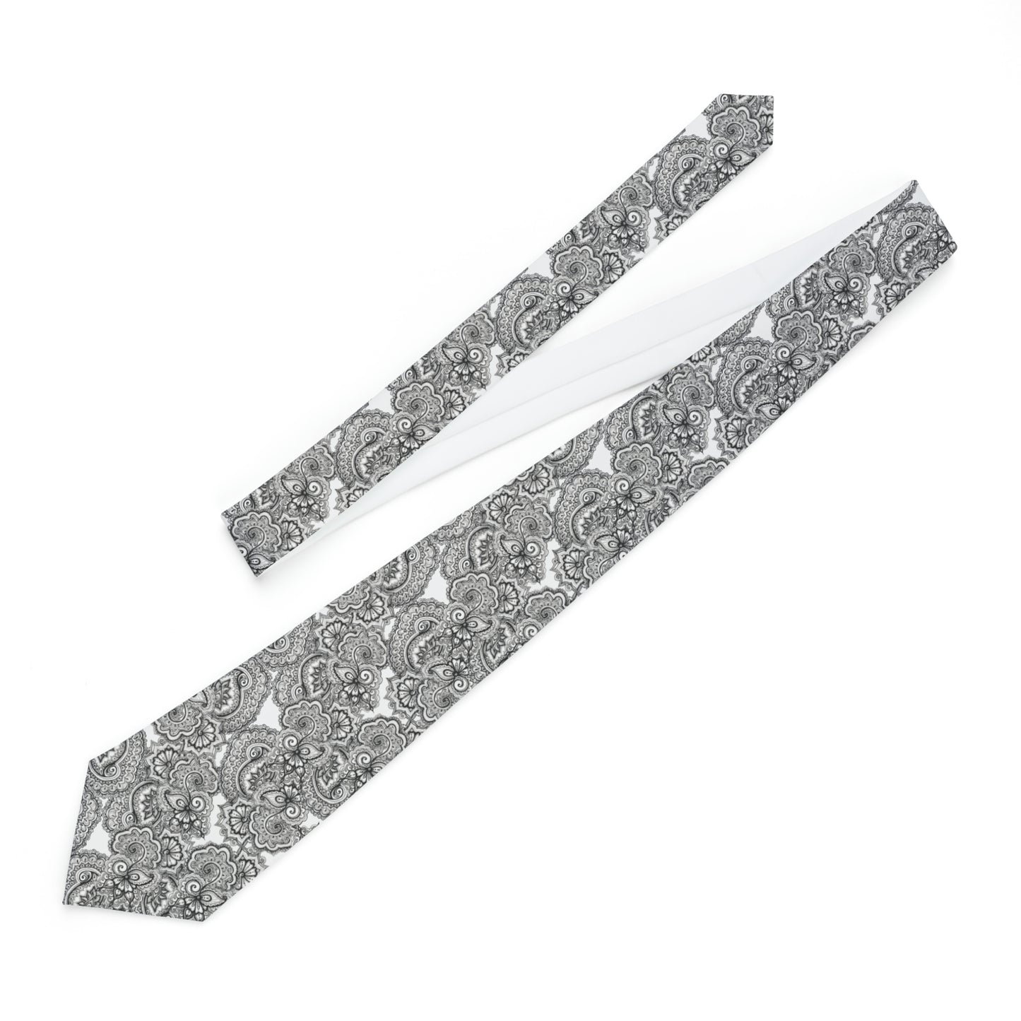 Necktie with 082023 black on white Paisley Pattern