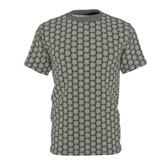 T shirt with 08 2023 Paisley Green on White small box pattern