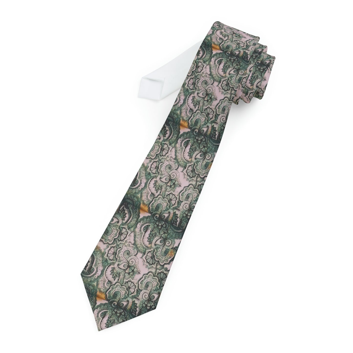 Necktie 08 2023 Green on White Paisley Pattern