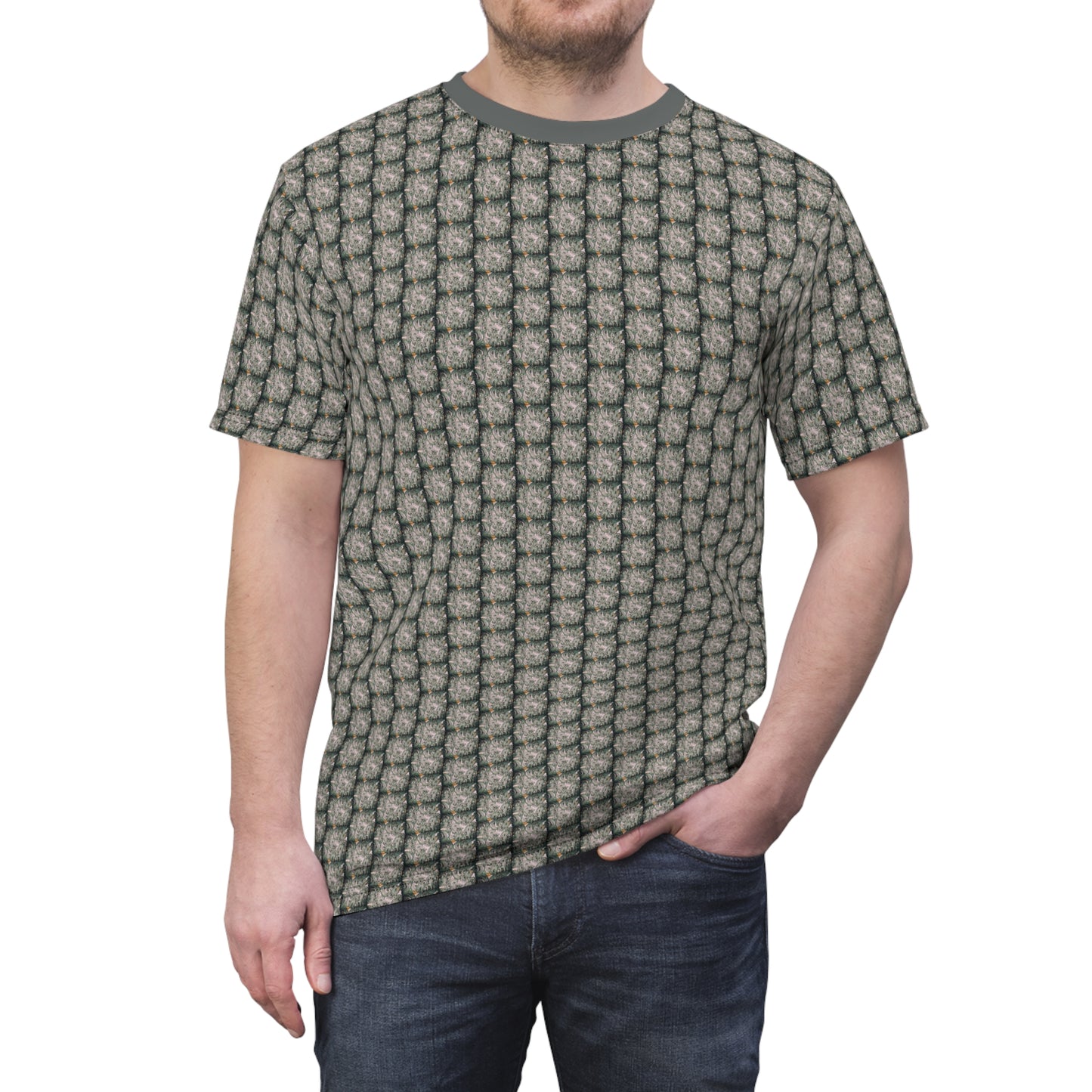 T shirt with 08 2023 Paisley Green on White small box pattern