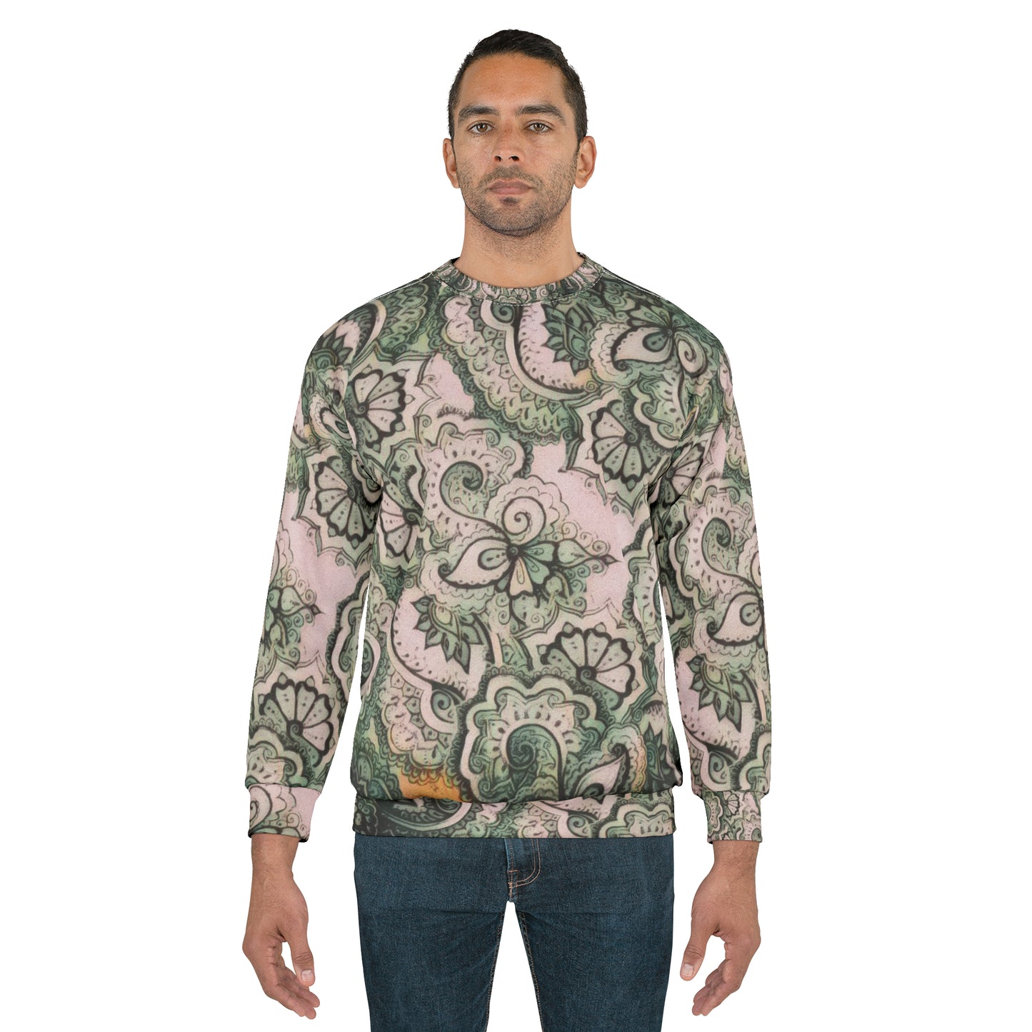 Sweatshirt with Green on off White Paisley Pattern