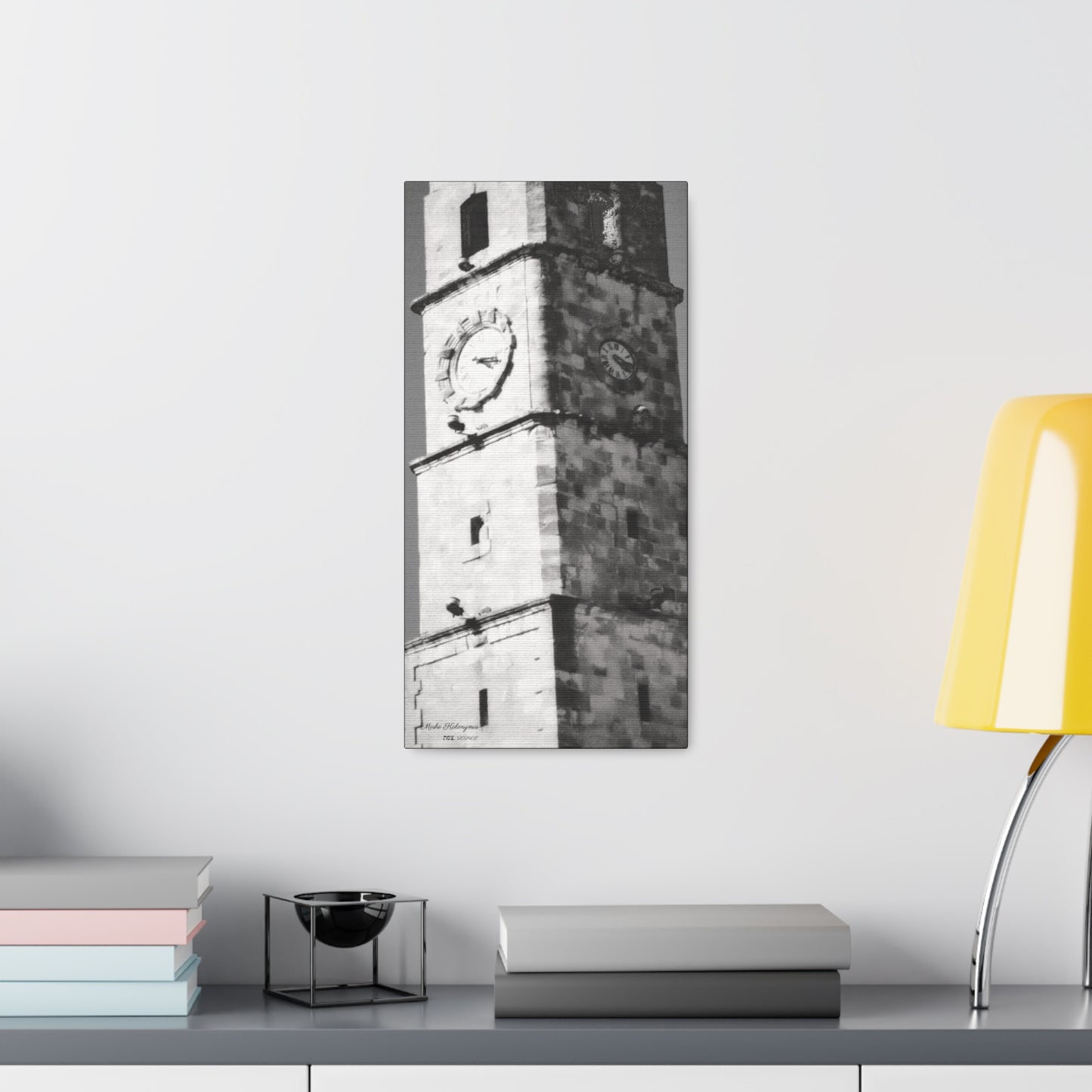 Canvas Gallery Wrap with "Sarayah  Clocktower" in Zefat - Israel - Black and white monochrome