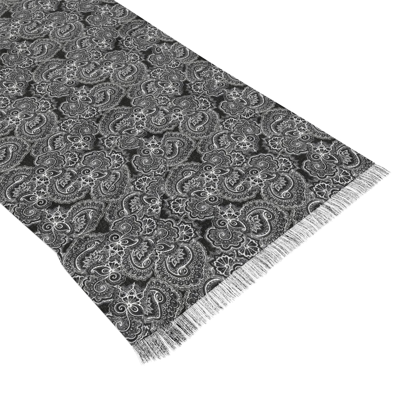 Scarf with 08 2023 112 White on Black Paisley Pattern