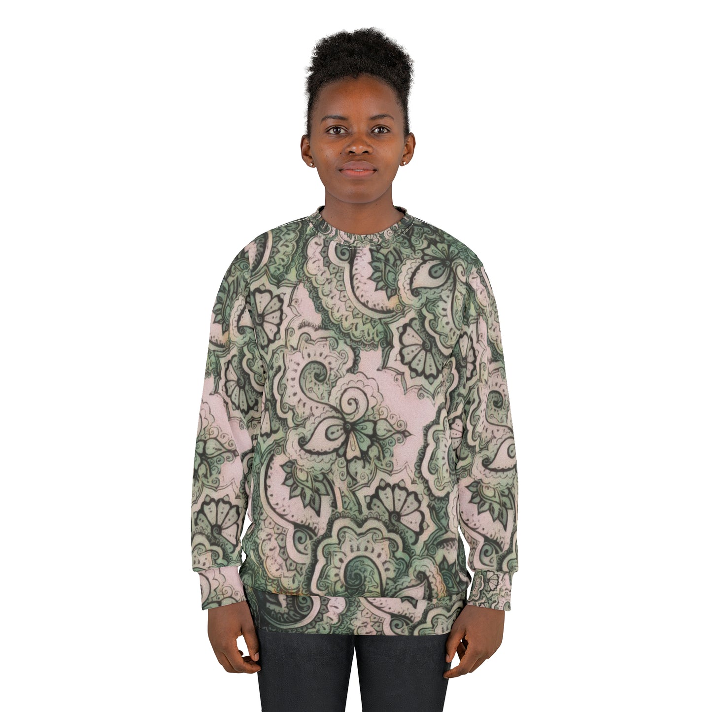 Sweatshirt with Green on off White Paisley Pattern