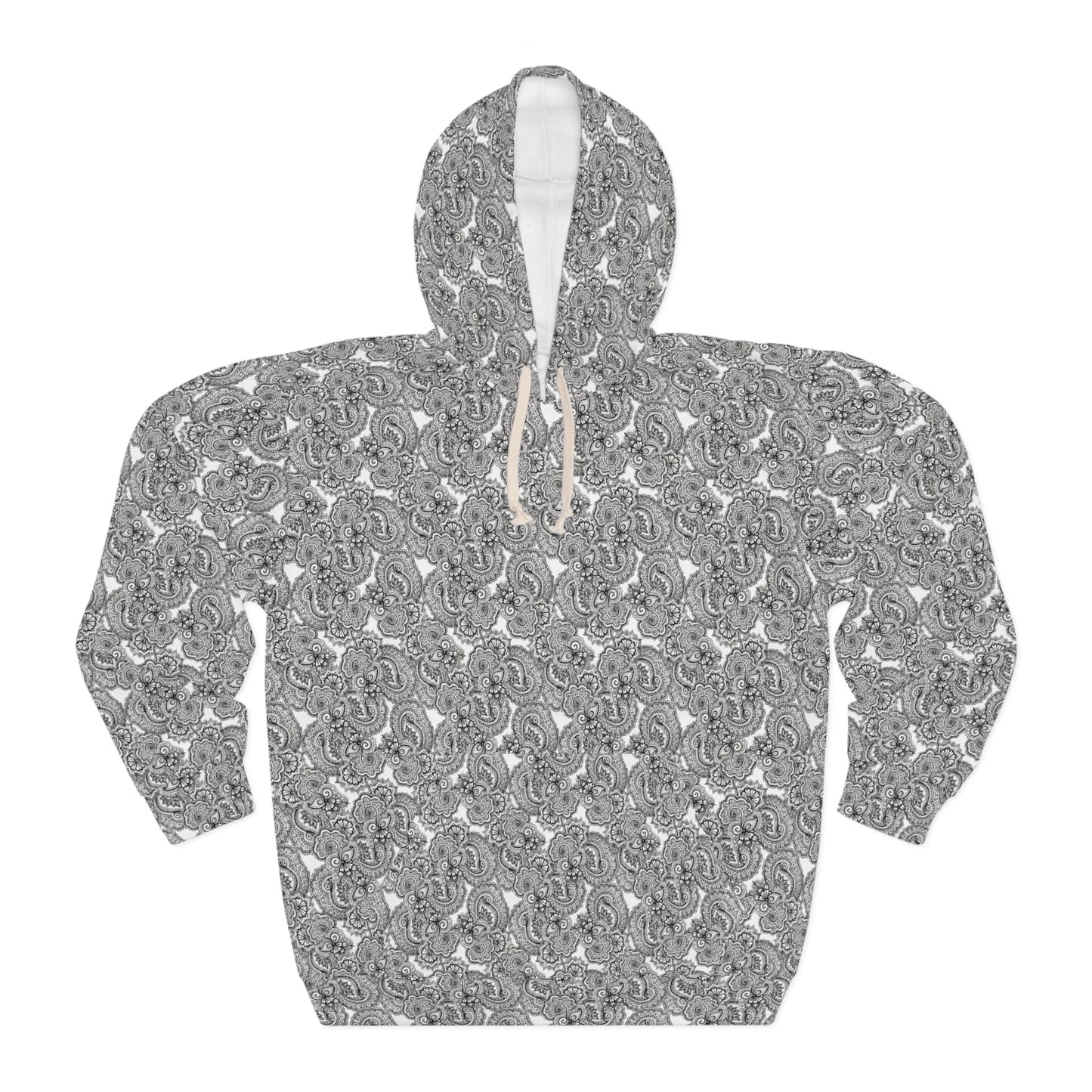 Hooded Sweatshirt with 08 2023  Black on White Paisley  Design